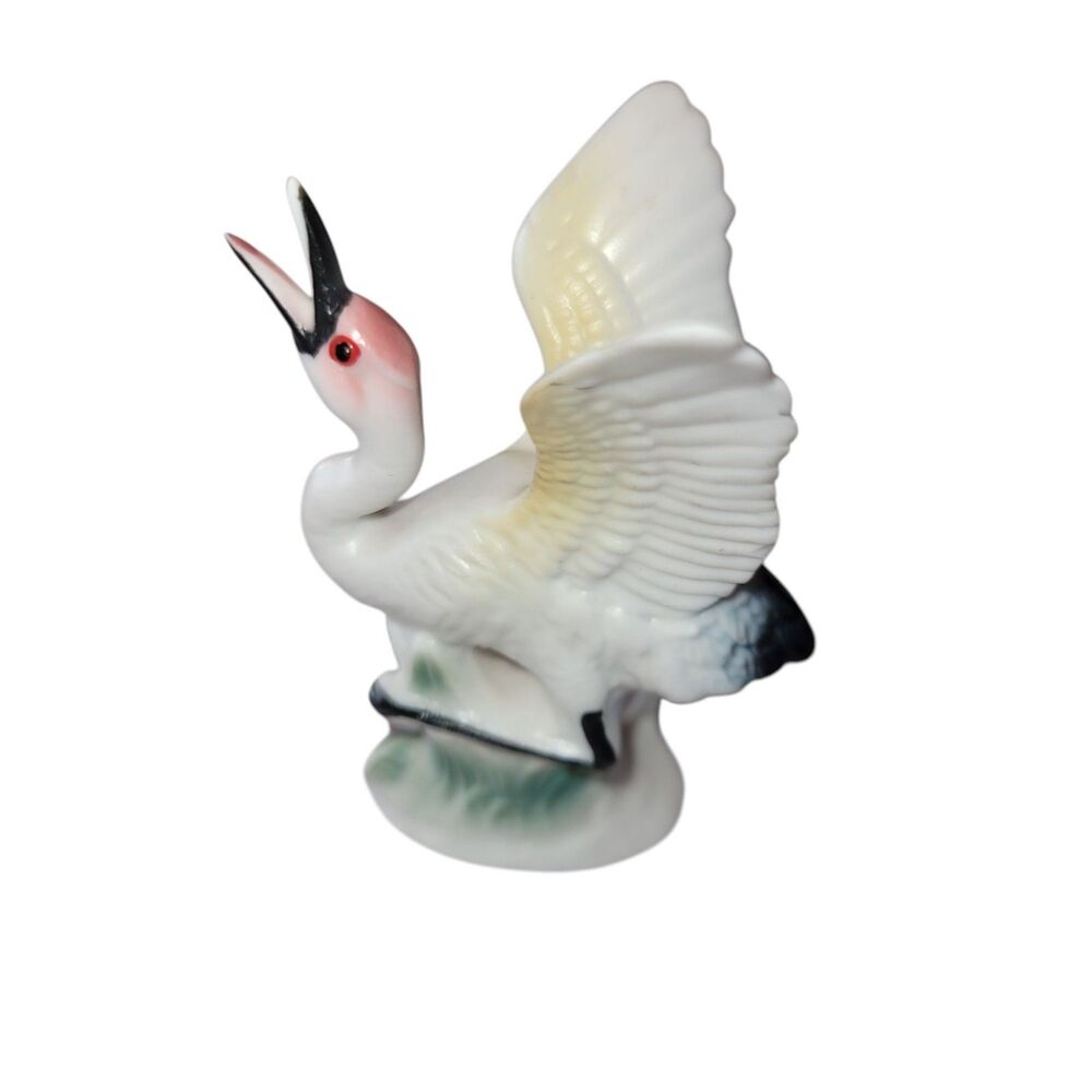 Fluttering Crane Red Crown Mini Figurine Bird Porcelain Unmarked 3.25" High